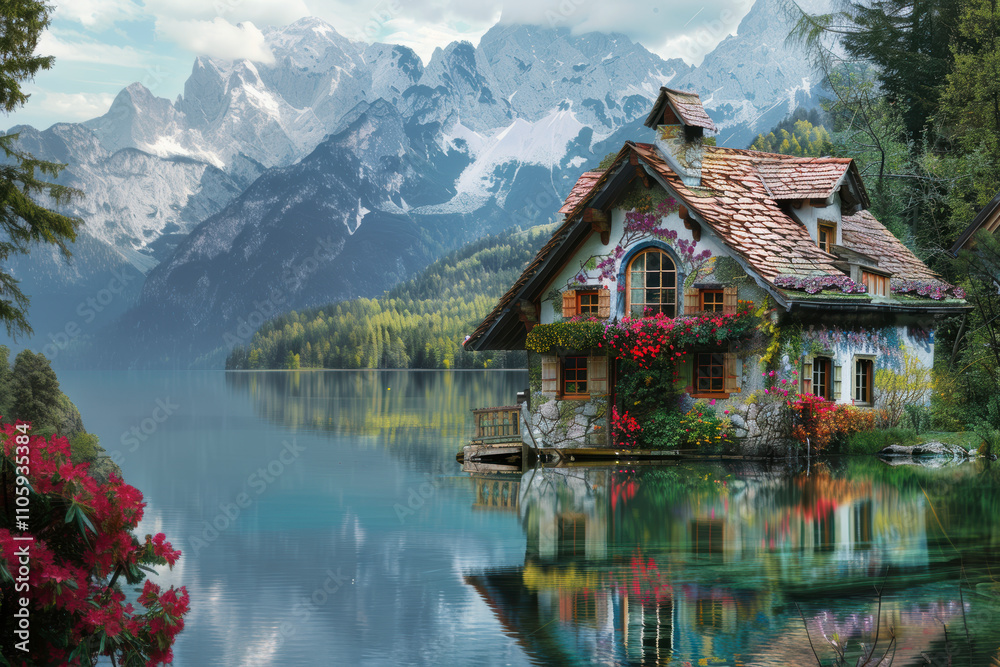 Fototapeta premium Magnificent panoramic view with flower house on the lake shore in the mountains.