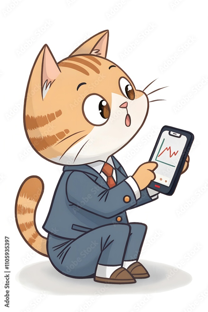 A cute little cat wearing an office worker uniform is trading stocks with a mobile phone, white background A cute little cat wearing an office worker uniform is trading stocks with a mobile phone, white background