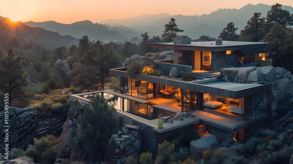 The photo showcases a modern geometric home built seamlessly into a rocky mountain landscape, Photography, National Geographic Style, spectacular backdrops, vivid visuals, an awe-inspiring collection, The photo showcases a modern geometric home built seamlessly into a rocky mountain landscape, Photography, National Geographic Style, spectacular backdrops, vivid visuals, an awe-inspiring collection,