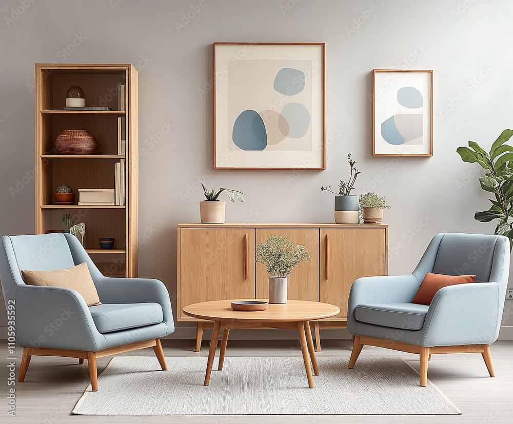 Scandinavian Mid-Century Modern Living Room with Pastel Blue Armchairs and Sleek Wooden Furniture