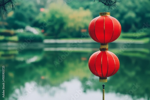 Vibrant Red Lanterns Hanging Against a Serene Green Reflected Landscape, Symbolizing Tradition and Celebration in a Peaceful Garden Setting