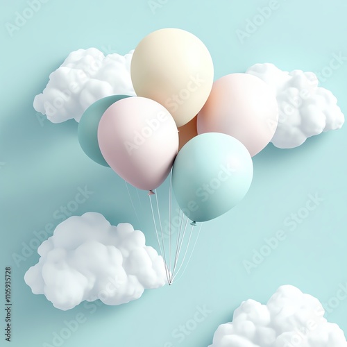 Pastel background with claystyle balloons floating among soft clouds, symbolizing a light celebratory spring mood photo