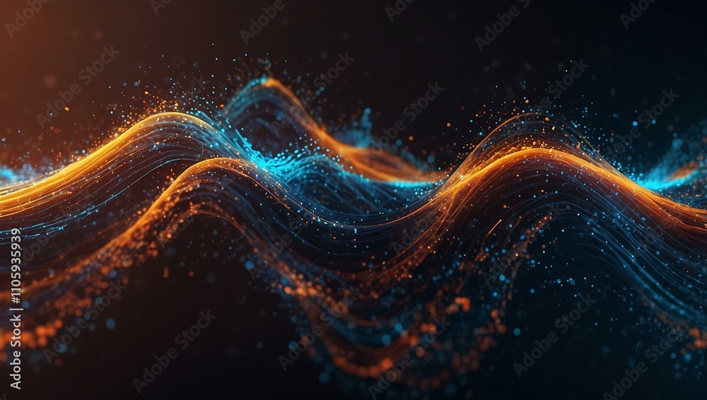 Fototapeta premium Digital wave with glowing blue and orange particles.