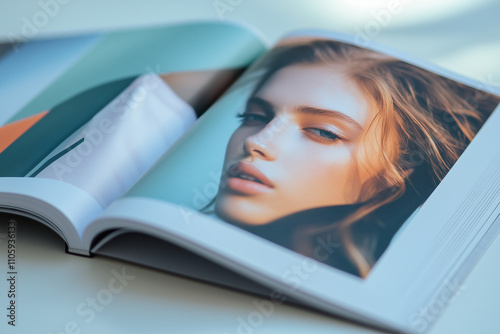 A fashion magazine open to a page featuring a close-up portrait of a model with soft lighting

