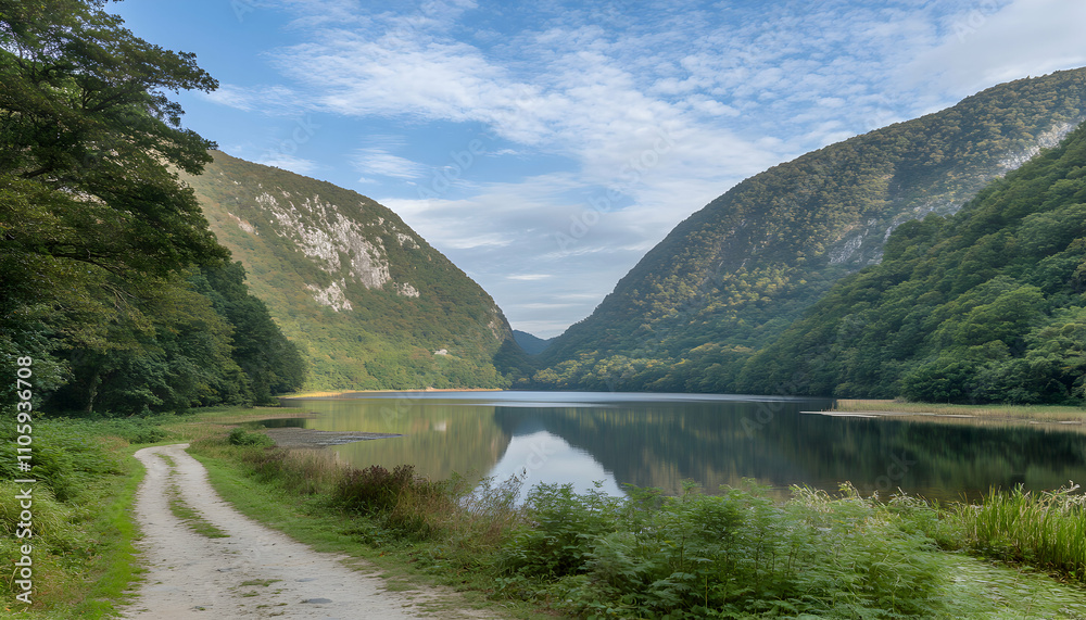 Serene mountain lake nestled between verdant hills, a tranquil path winds alongside the still water reflecting the surrounding lush landscape. Serene mountain lake nestled between verdant hills, a tranquil path winds alongside the still water reflecting the surrounding lush landscape.