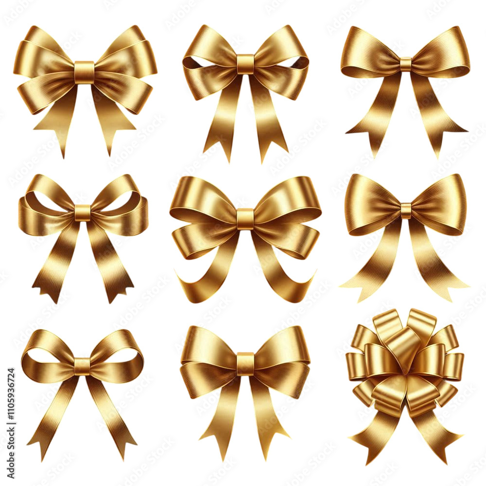 Collection of elegant gold bows for various decorative purposes in celebrations and events, isolated on transparent background Collection of elegant gold bows for various decorative purposes in celebrations and events, isolated on transparent background