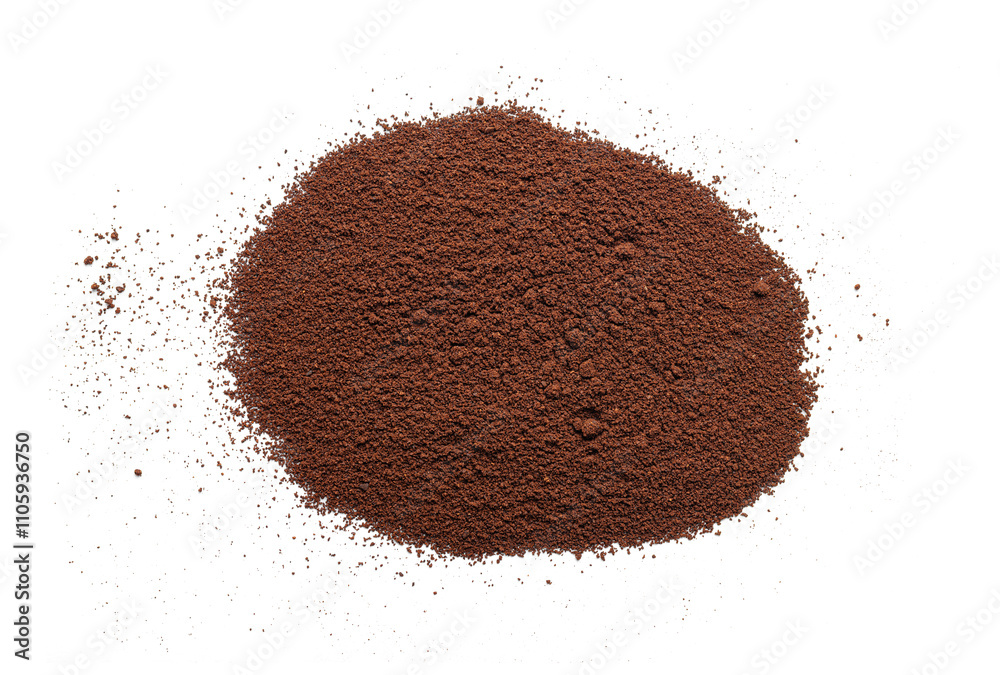 Ground coffee on white background. Arabica coffee scattered on white as abstract background.