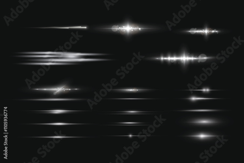 Set of light effects glowing light isolated on transparent background.