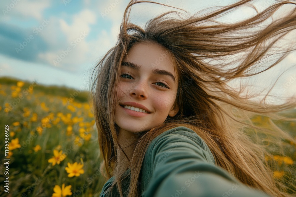 Smiling girl with flowing hair enjoying a sunny day in a vibrant yellow flower field under a dreamy sky Smiling girl with flowing hair enjoying a sunny day in a vibrant yellow flower field under a dreamy sky