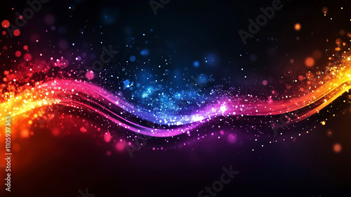 Black and rainbow coloured abstract background with light trails and bokeh effect