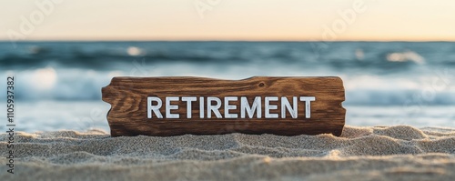 Retirement concept. A weathered log on the beach displays the word 