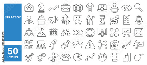 Set of 50 line icons related to strategy, plan, process, workflow, management, task, innovation, production, Editable stroke. Vector illustration