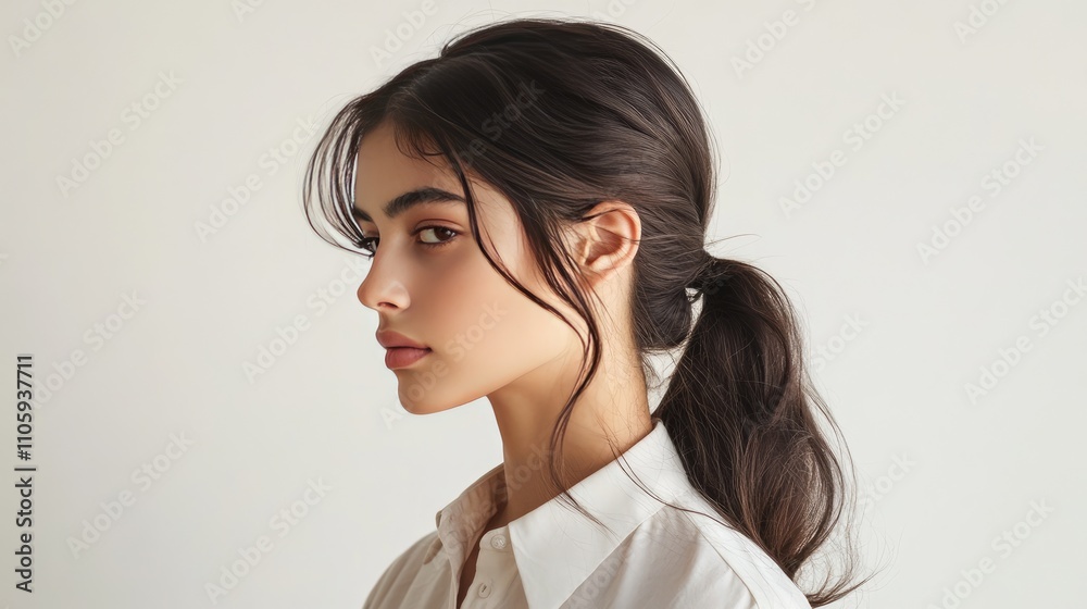 A casual low ponytail with soft, loose strands framing the face, ideal for a laid-back, everyday style A casual low ponytail with soft, loose strands framing the face, ideal for a laid-back, everyday style