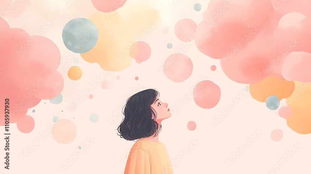 A girl surrounded by pastel-colored cloud in a dreamy, ethereal abstract sky A girl surrounded by pastel-colored cloud in a dreamy, ethereal abstract sky