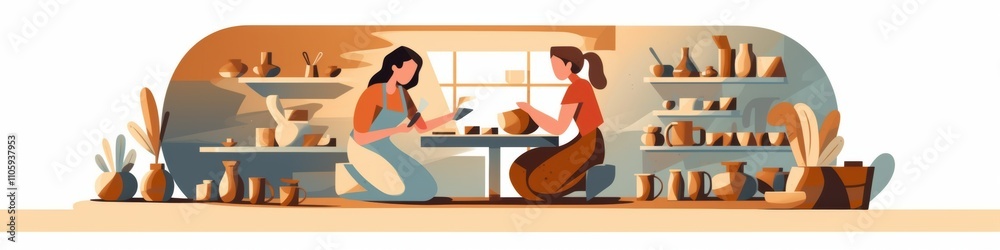 Two women engaged in pottery-making in a warm, artistic studio setting. Two women engaged in pottery-making in a warm, artistic studio setting.