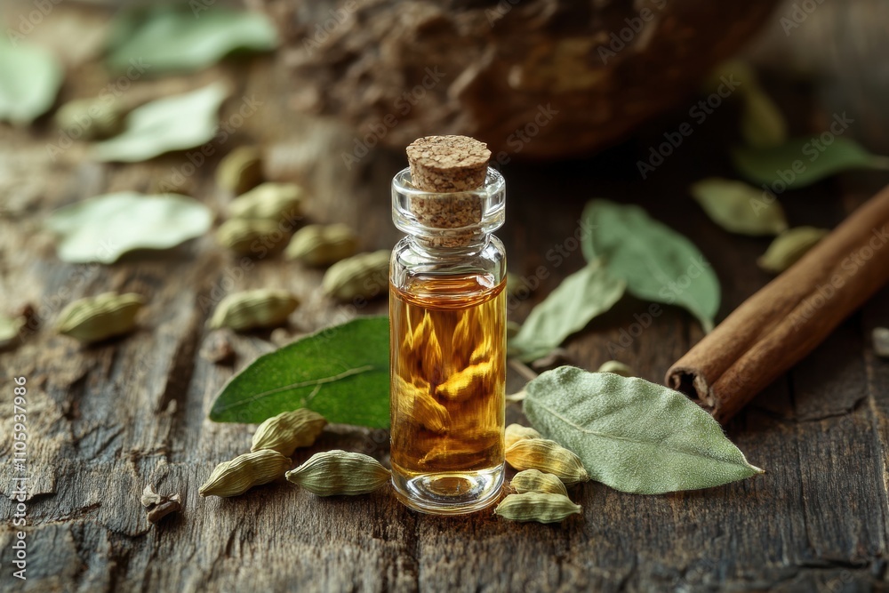 aromatherapy with cardamom oil, on a wooden table, theres a vial of cardamom oil surrounded by fresh cardamom pods aromatherapy with cardamom oil, on a wooden table, theres a vial of cardamom oil surrounded by fresh cardamom pods