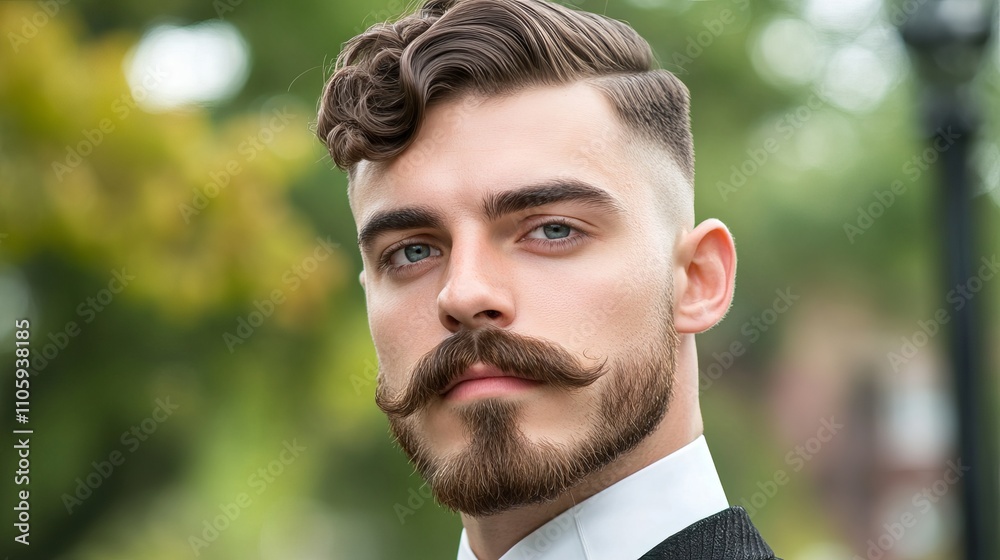 A handsome Caucasian man in a tailored suit with a stylish mustache and well-groomed hair, giving a confident pose outdoors amidst greenery. A handsome Caucasian man in a tailored suit with a stylish mustache and well-groomed hair, giving a confident pose outdoors amidst greenery.