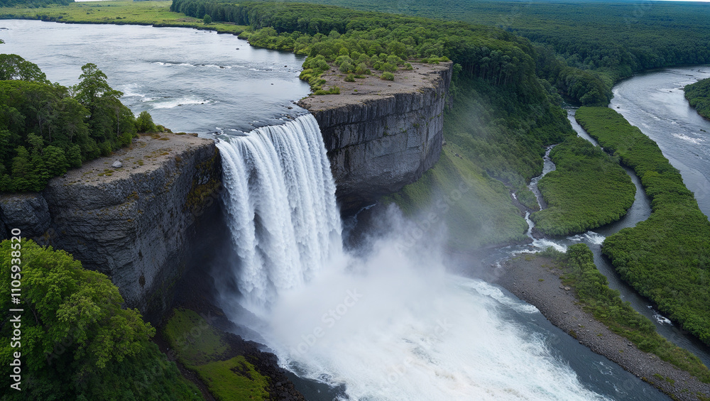 Waterfall is seen in the distance with a river flowing behind it Waterfall is seen in the distance with a river flowing behind it