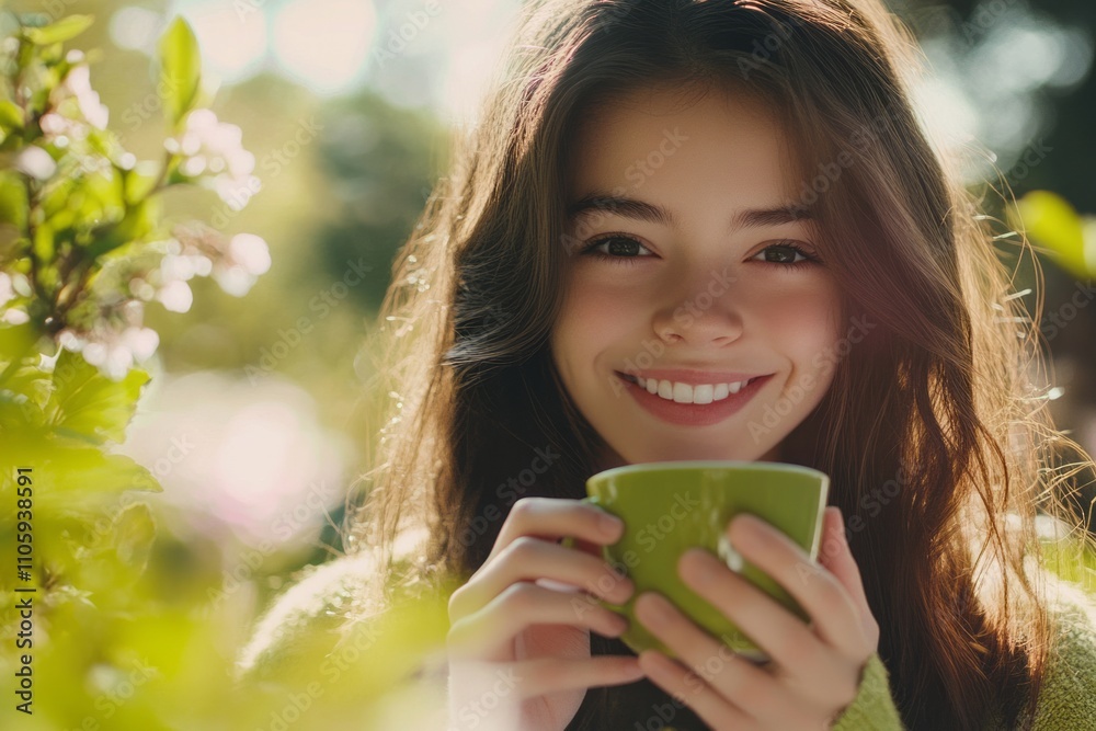 Enjoying a warm cup of tea in a vibrant garden while embracing the beauty of nature during a sunny afternoon Enjoying a warm cup of tea in a vibrant garden while embracing the beauty of nature during a sunny afternoon