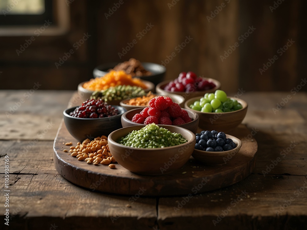 Display of superfoods on a rustic table, lit with ethereal lighting. Display of superfoods on a rustic table, lit with ethereal lighting.