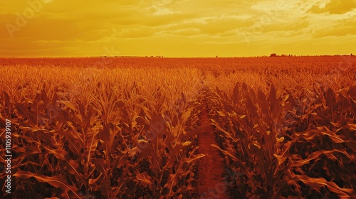 Golden Hour Over Serene Cornfield Landscape