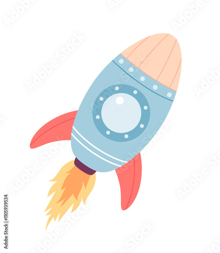 Toy rocket on a white background. Children's toy. Space object. Pastel colors.Flying cosmos shuttle, rocketship taking off with fire engine.