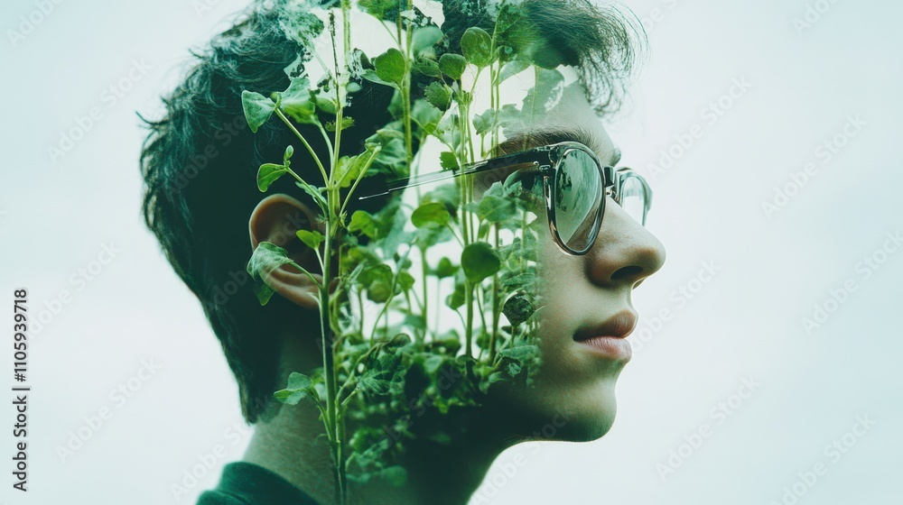 Young Man with Plants Growing Inside Silhouette for Sustainability Concept Young Man with Plants Growing Inside Silhouette for Sustainability Concept