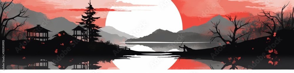 Fototapeta premium A serene landscape featuring a silhouetted fisherman by a tranquil lake at sunset.