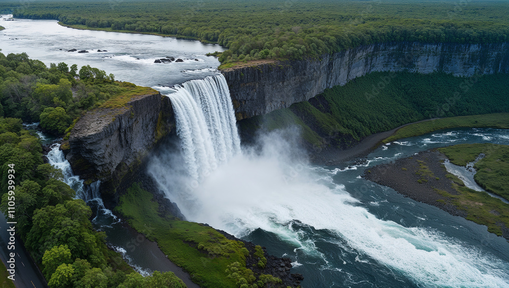 Fototapeta premium Waterfall is seen in the distance with a river flowing behind it