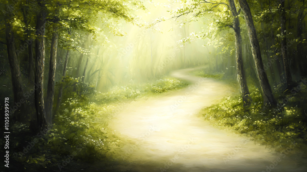 Landscape background serene forest trail winding through tall trees with dappled sunlight Landscape background serene forest trail winding through tall trees with dappled sunlight