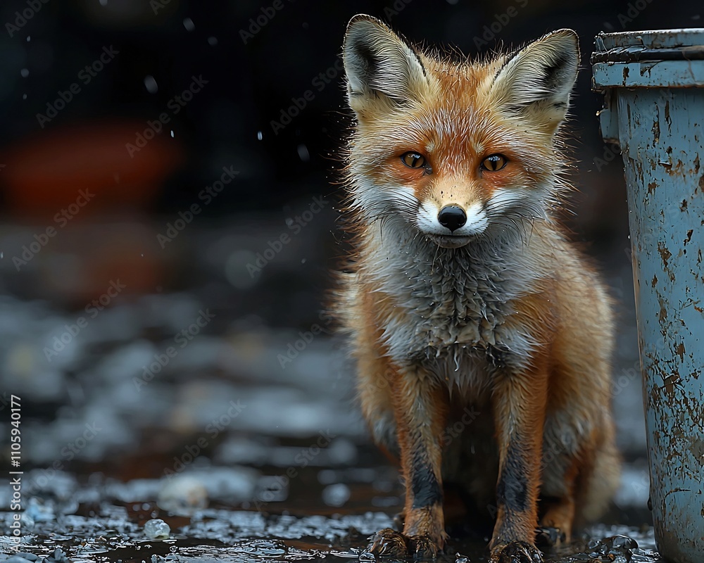 Obraz premium Malnourished Fox Scavenging for Food in Urban Trash Can Desperate Wildlife Concept