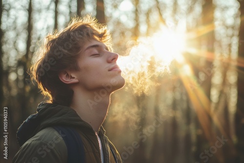 Obraz na płótnie Embracing the warmth of sunlight in a tranquil forest at dawn with a gentle breath and serene expression w salonie