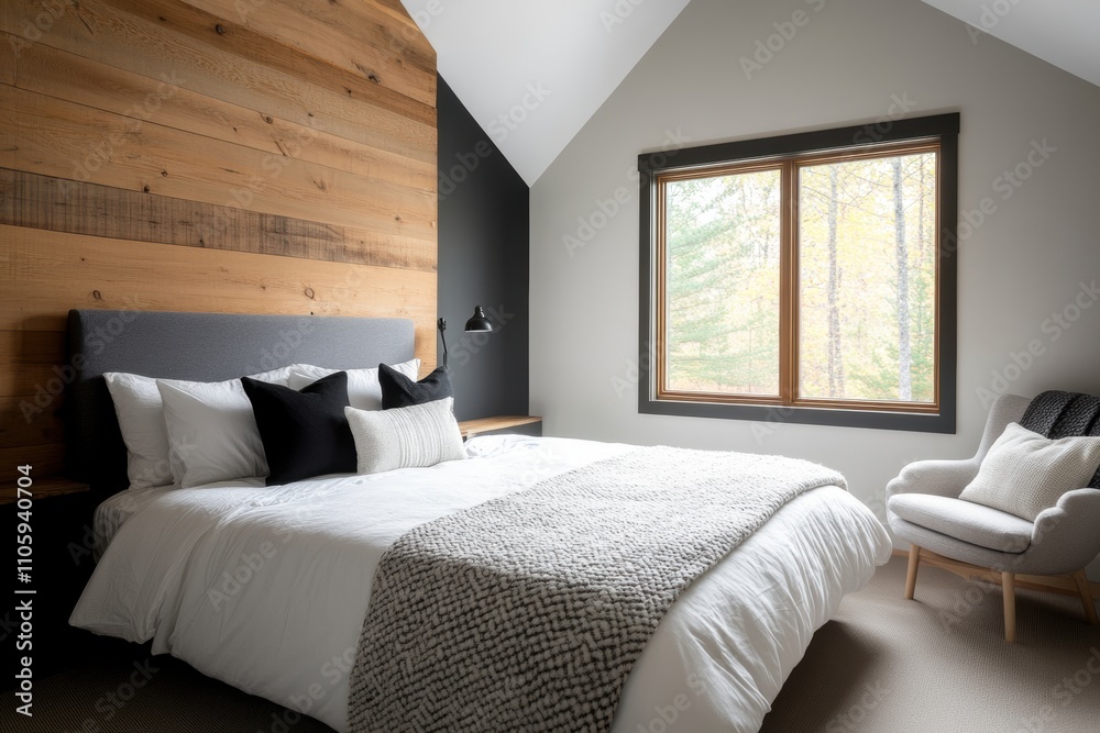 Fototapeta premium rustic bedroom style, rustic-modern bedroom with reclaimed wood, comfy armchair by the window, and cozy woven blankets for added warmth