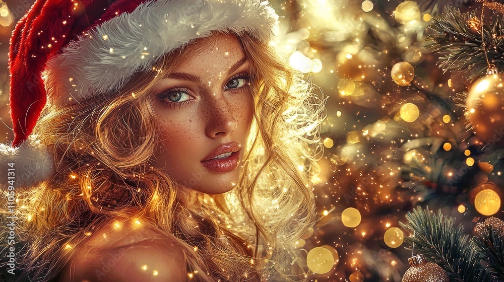 Elegant woman in a chic Santa hat surrounded by festive decor and sparkling lights Elegant woman in a chic Santa hat surrounded by festive decor and sparkling lights