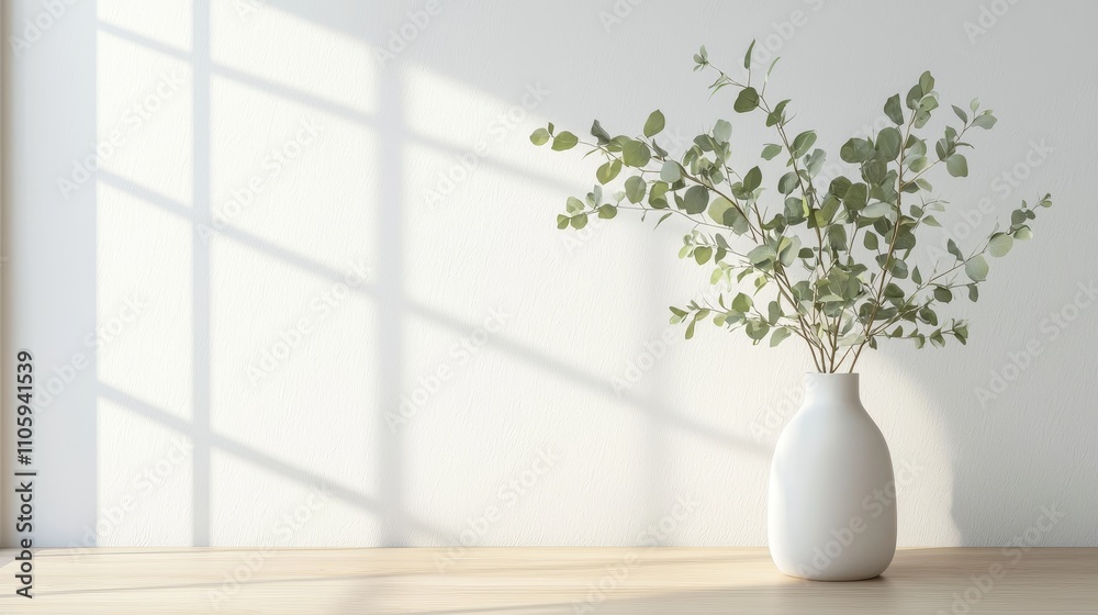Elegant Vase with Lush Greenery on Minimalist Wooden Table with White Background Elegant Vase with Lush Greenery on Minimalist Wooden Table with White Background