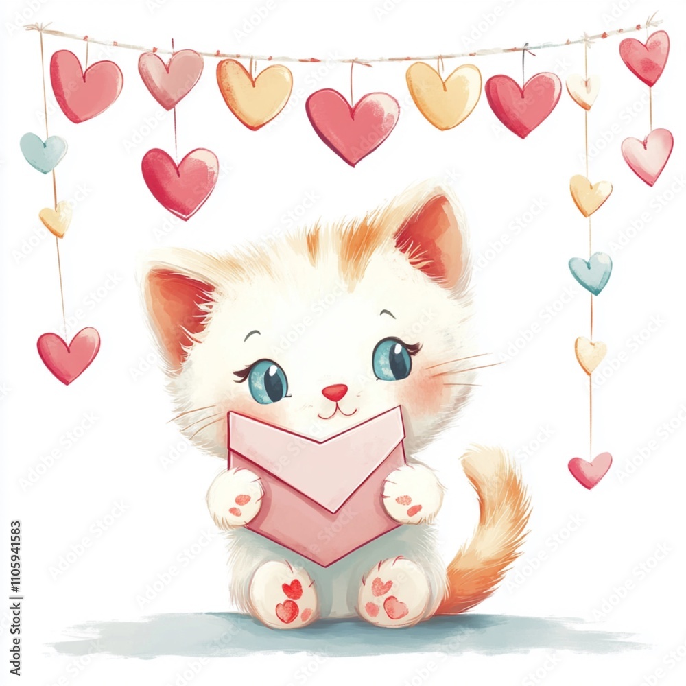 Cute Kitten with Heart Envelope and Pastel Heart Garland Cute Kitten with Heart Envelope and Pastel Heart Garland