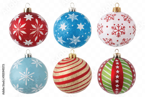 abstract 3d christmas ornament balls on ribbon with bow isolated on a white background