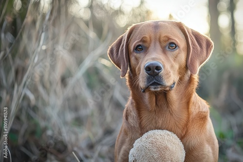 Chocolate-colored Labrador Retriever dog hunting with his master walking on the river. Beautiful simple AI generated image