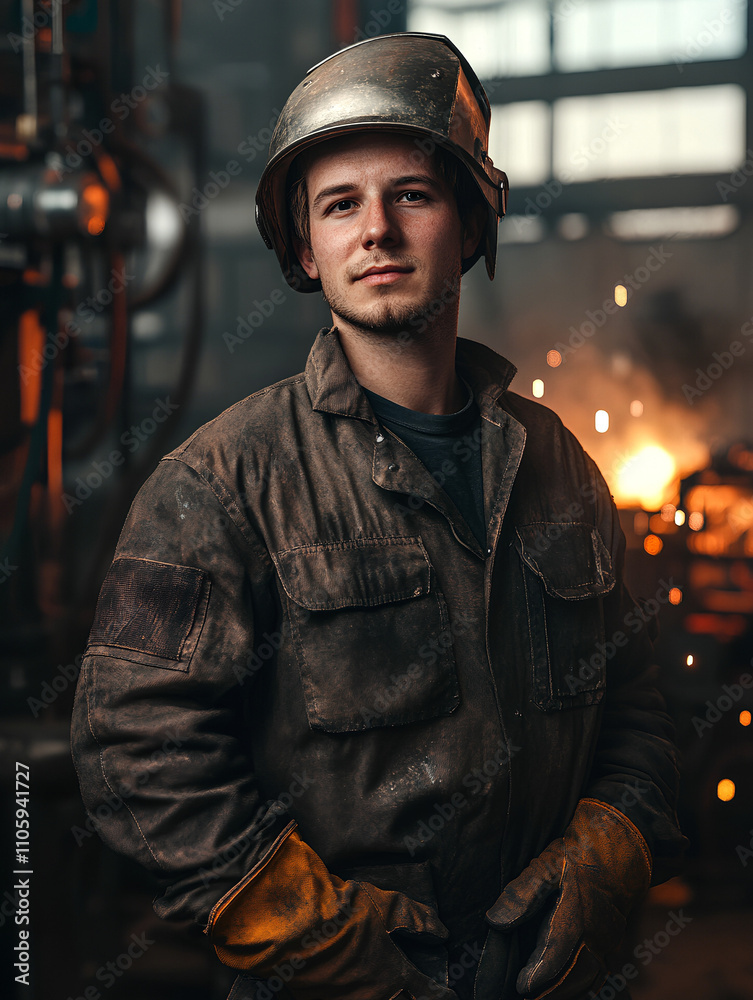 A portrait of an attractive welder from the waist up, wearing a protective helmet A portrait of an attractive welder from the waist up, wearing a protective helmet