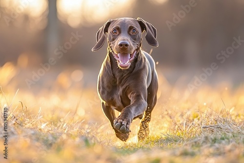 Chocolate-colored Labrador Retriever dog hunting with his master walking on the river. Beautiful simple AI generated image