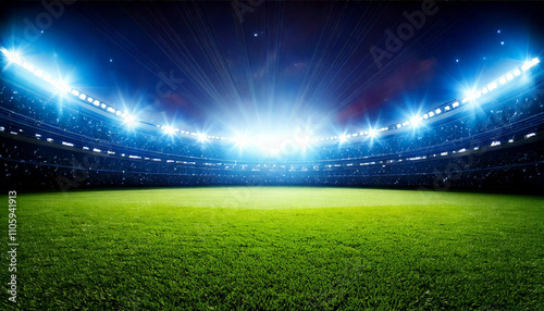 Bright lights illuminating a lush green soccer field in a stadium at night, creating an exciting atmosphere