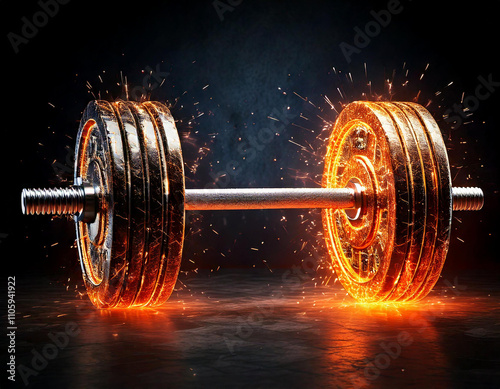 Weightlifting barbell on fire with sparks symbolizing extreme workout and challenge for bodybuilders