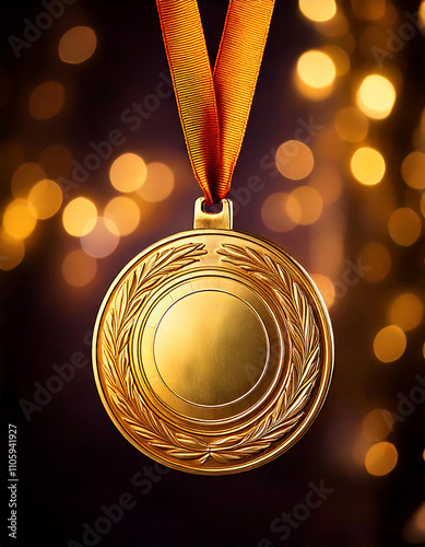 Gold medal with a red ribbon hanging on a blurred sparkling background, celebrating achievement and victory