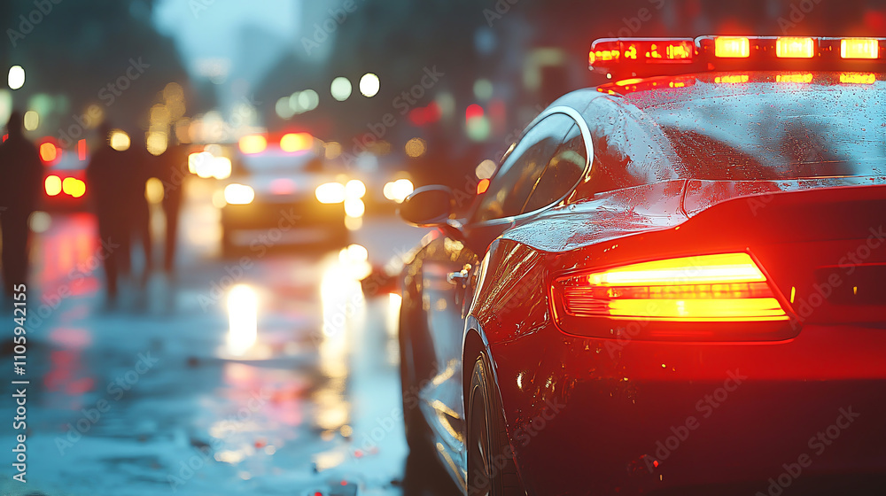 Police car with flashing lights on rainy street at night Police car with flashing lights on rainy street at night