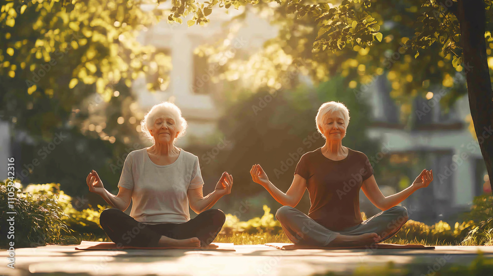 Joyful elderly couple practicing yoga in sunlit park, embracing tranquility Joyful elderly couple practicing yoga in sunlit park, embracing tranquility