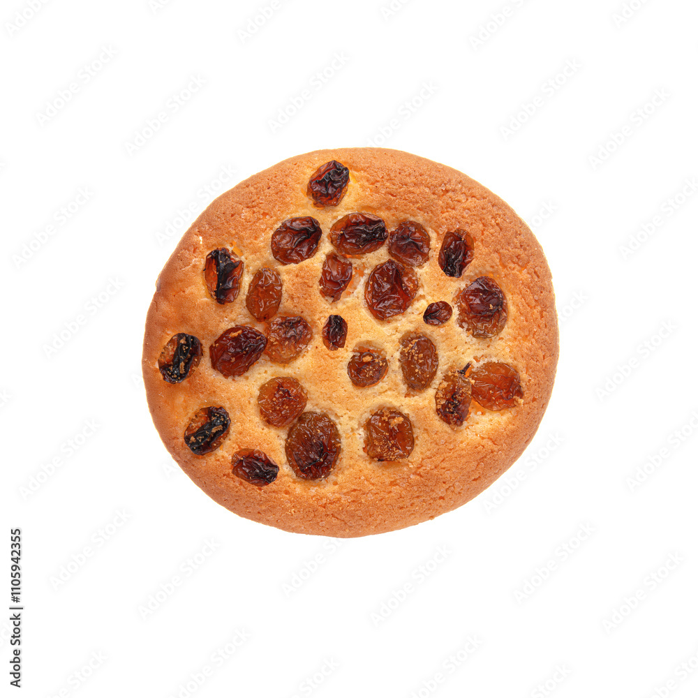 Round cookies with raisins isolated on white background.