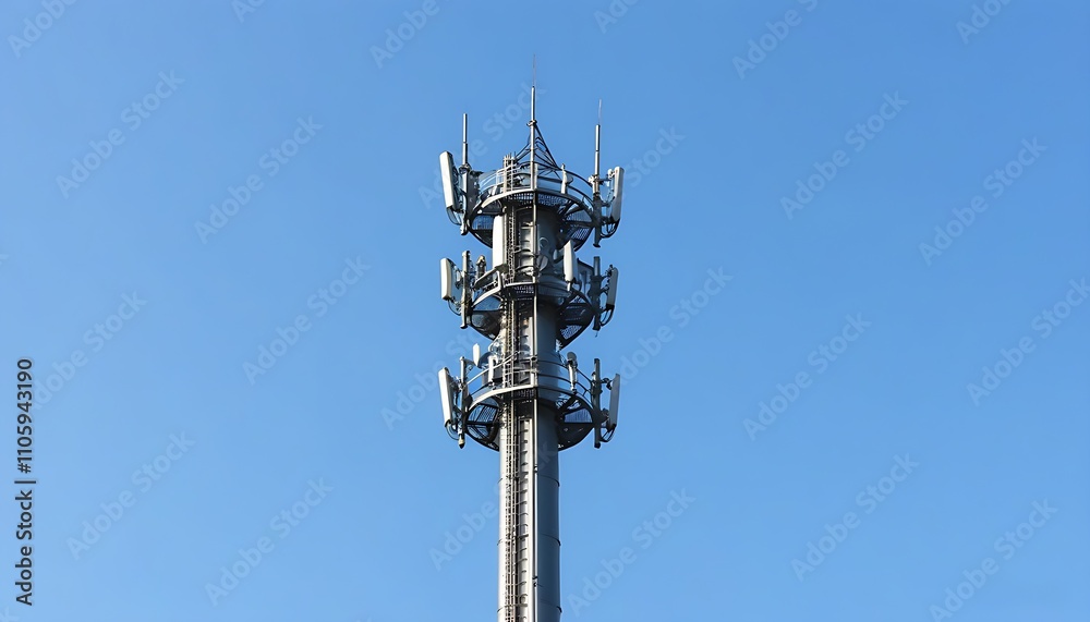 Communication tower against a blue sky backdrop Communication tower against a blue sky backdrop