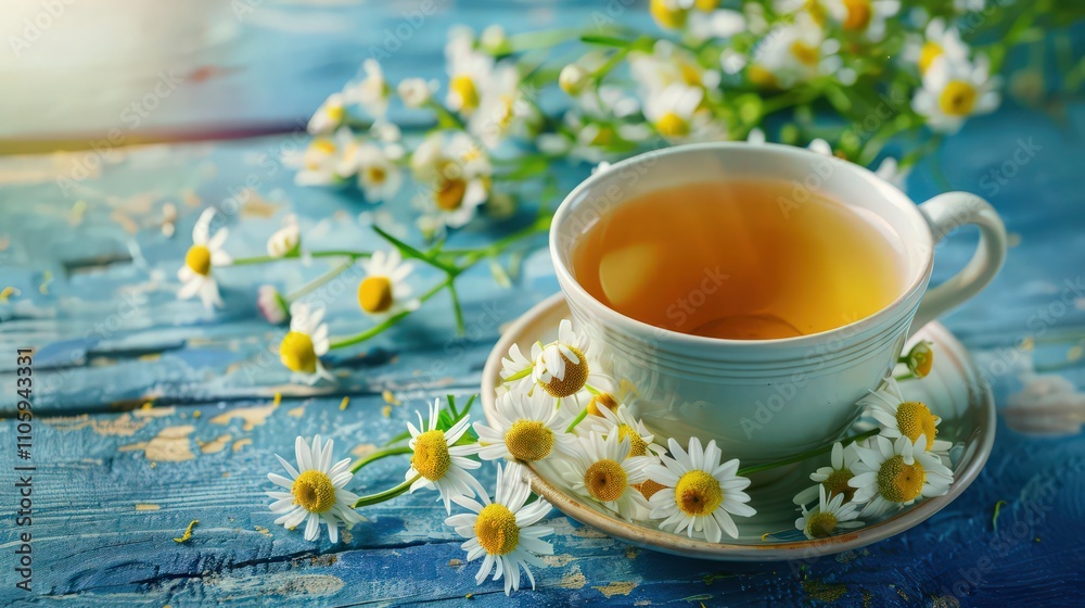 Chamomile herbal tea with flower buds on a blue wooden table and a bouquet of chamomile. Useful herbal, soothing drinks and natural healer concept. Immunity tea.Close up. Copy space. Chamomile herbal tea with flower buds on a blue wooden table and a bouquet of chamomile. Useful herbal, soothing drinks and natural healer concept. Immunity tea.Close up. Copy space.
