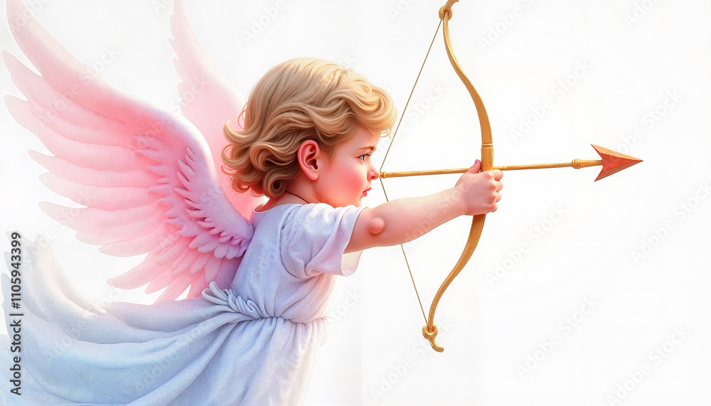 Angelic child with wings aiming a golden bow and arrow Angelic child with wings aiming a golden bow and arrow