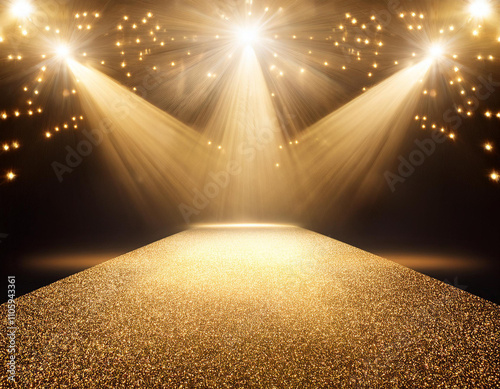 fashion runway stage with golden spotlights and sparkles photo